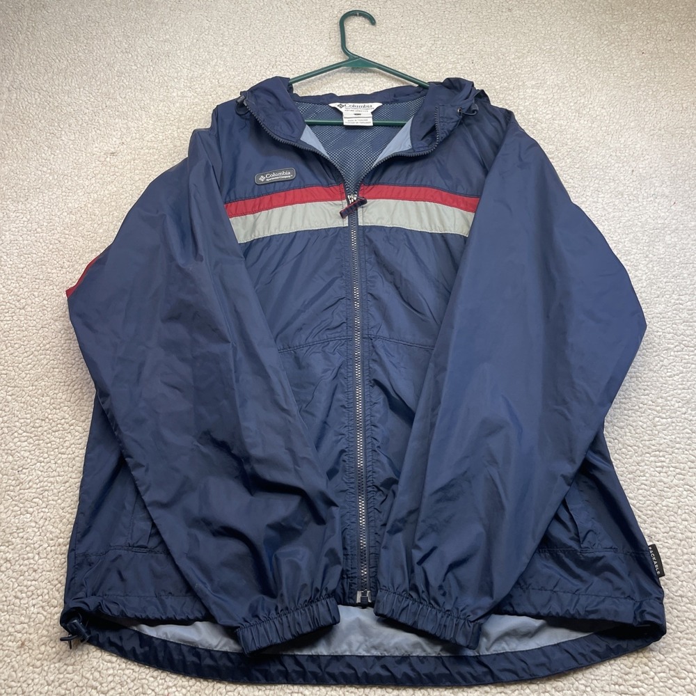 Columbia Windbreaker Mens L Blue Packable XM2049 Hooded Colorblock Jacket - Picture 2 of 11